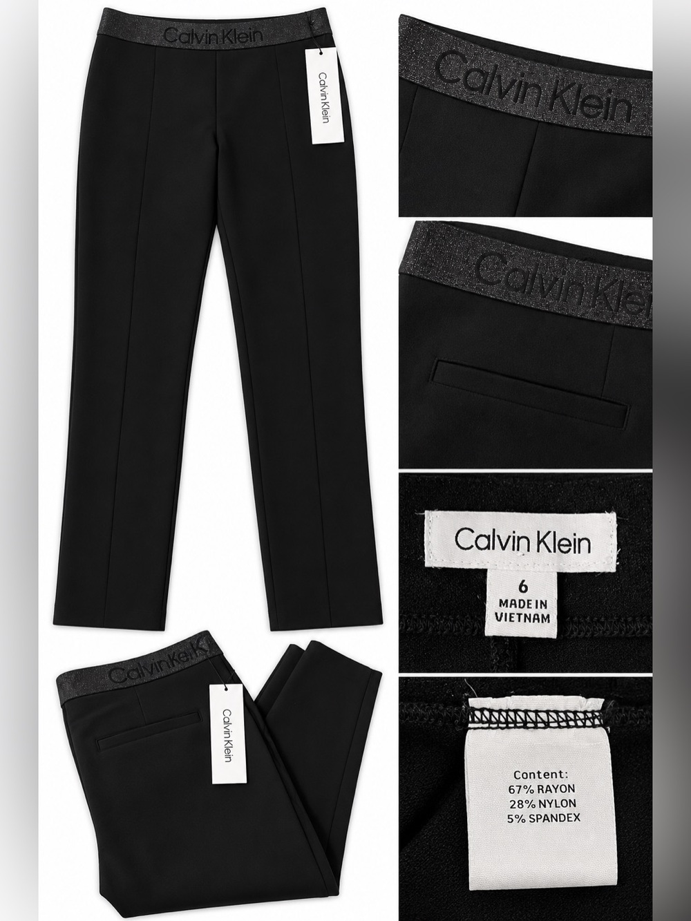 Calvin Klein Black Slim Ponte Ankle Pants with Logo Waistband